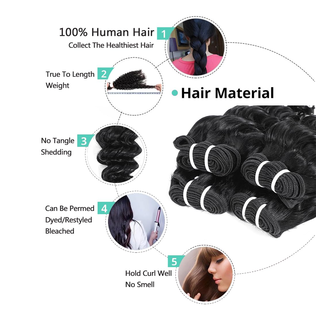 JTdebade Deep Wave Bundles Human Hair 4 Bundles 12A Brazilian Virgin Human Hair 100% Unprocessed Natural Color Brazilian Hair Weave Extensions (8"8"8"8")