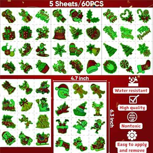 Glow In Dark Christmas Temporary Tattoos | Luminous Christmas Tattoos Xmas Decorations Party Favors Supplies Goodie Bags Stocking Stuffers Gift Idea For Kids Teen Adult Xmas Santa Claus Reindeer-60Pcs