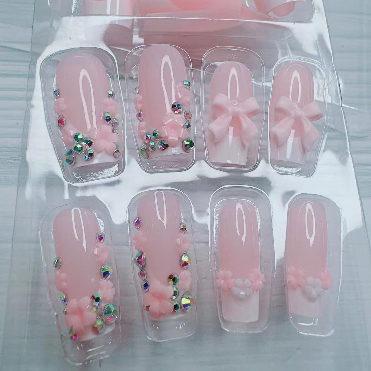 24pcs French Tip Press-On Nails - Short, Charms, Bow, Flower Design, Pink, Cute, Square Shape, Acrylic, Rhinestones