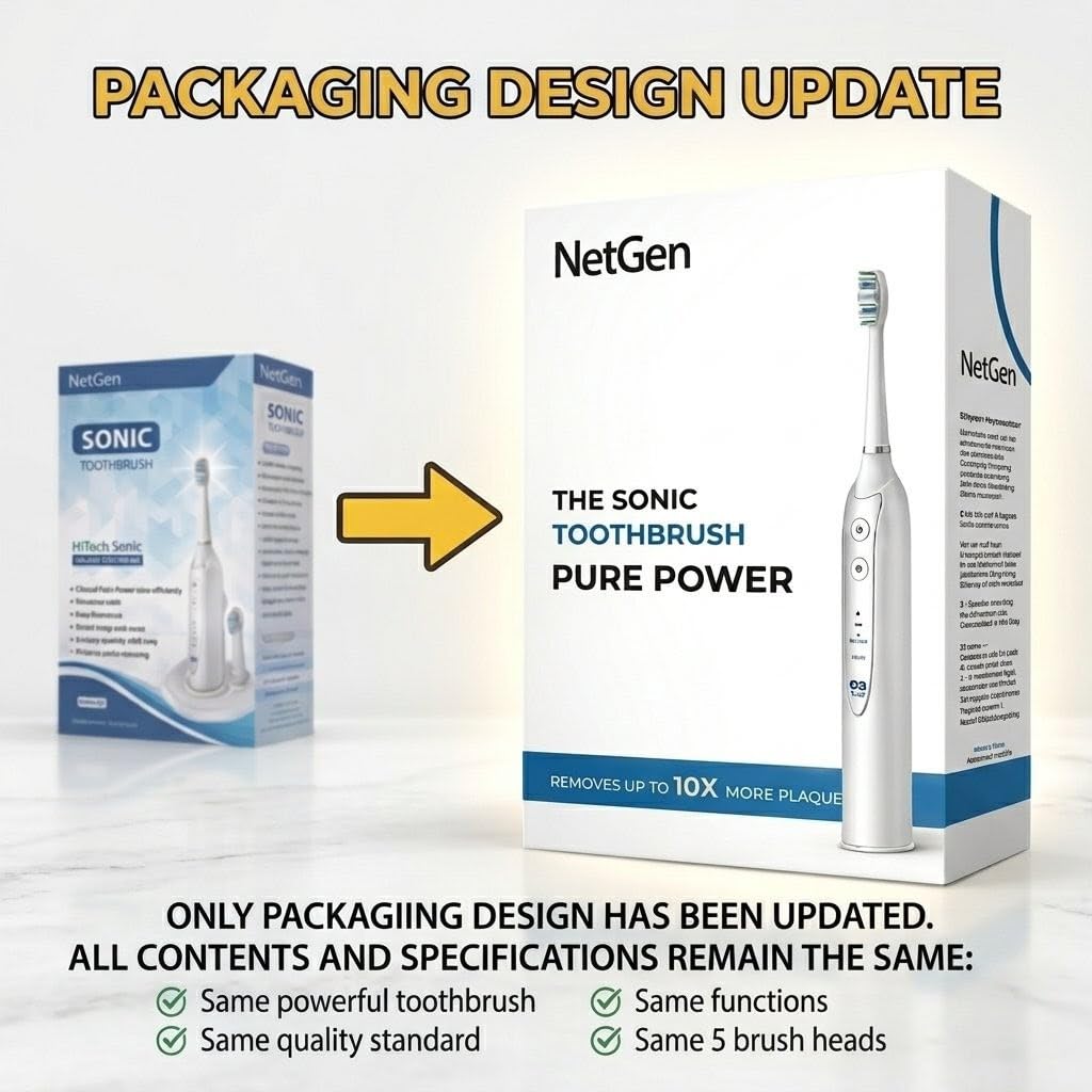 NetGen Sonic Electric Toothbrush for Adults, Rechargeable Power Toothbrush with 5 Replacement Heads, Travel Case, 3 Modes, 2 Minute Timer, IPX7 Waterproof Cordless Electric Toothbrush | White
