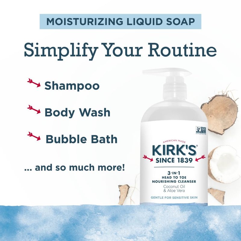 Kirk's Original Fresh 3-in-1 Nourishing Cleanser and Travel Bar Soap, Shampoo Body Wash Bubble Bath, Coconut Oil and Aloe Vera, Vegan Non-GMO, 32 Fl Oz, Pack of 2