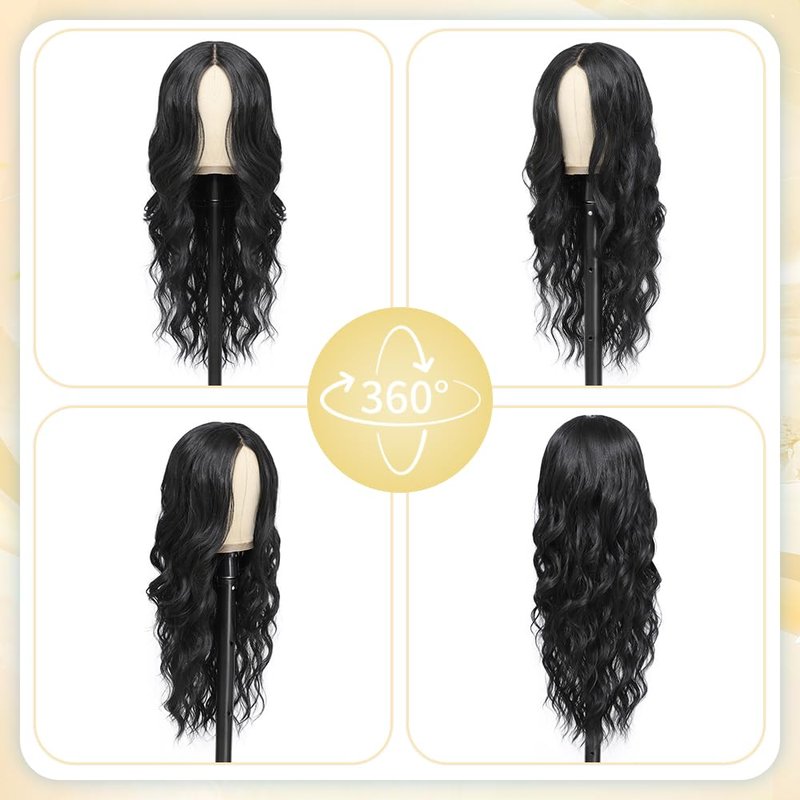 ShowCoco Black Wig for Women 26 Inch Pre Cut Hand-Tied Lace Long Wavy Natural Hairline Middle Part Hair Replacement Wigs for Women Beginners Natural Synthetic Wig for Daily Party 3 Seconds to Wear