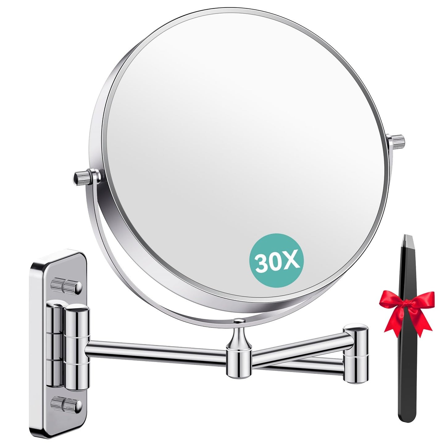 Auxmir 8'' Wall Mounted Makeup Mirror, 1X/30X Double-Sided Magnifying Mirror with Tweezer, HD Bathroom Makeup Mirror, Cosmetic Vanity Mirror with 360 Rotation Extendable Swivel Arm, Chrome