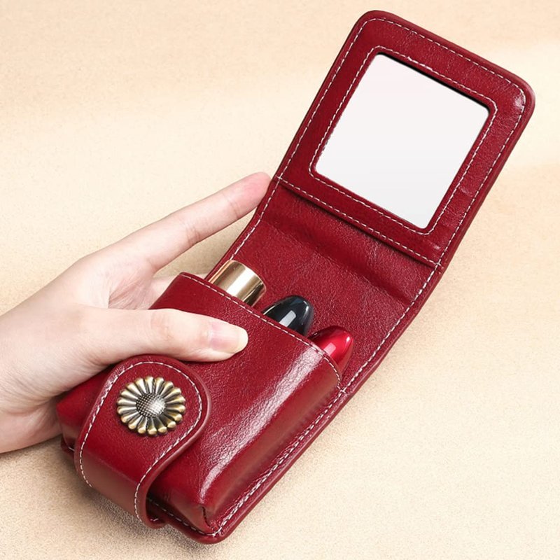 VALICLUD Lipstick Storage Bag with Built-in Mirror Portable Leather Lipstick Organizer Pouch Compact 3.93X2.75X1.18In Travel Cosmetic Case for Purse