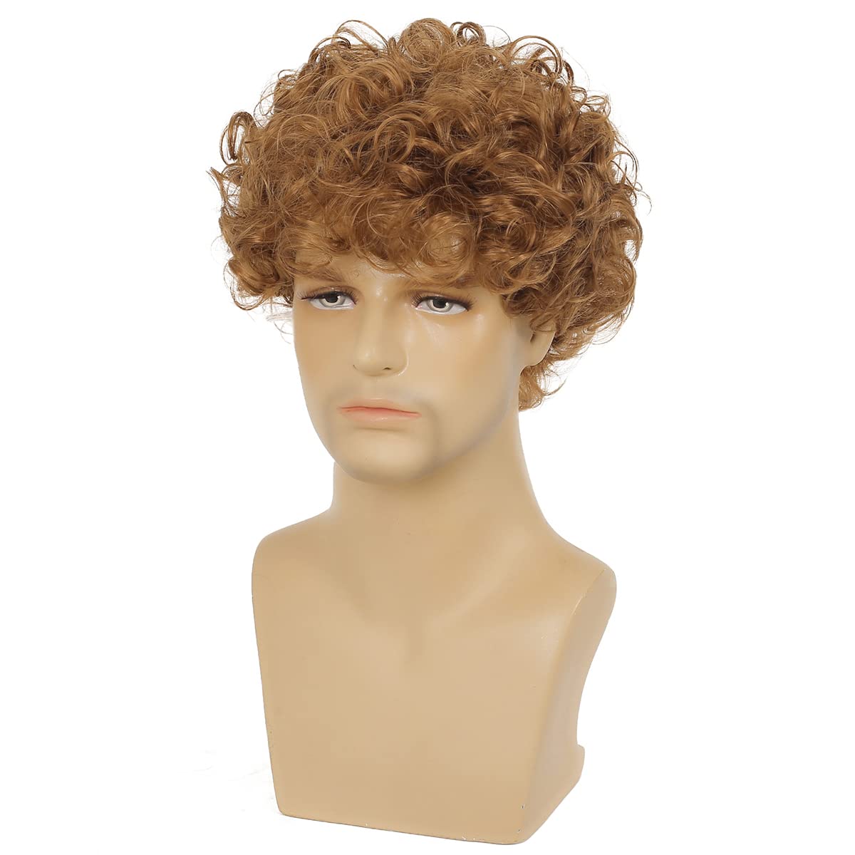 Baruisi Short Mens Curly Wig Light Brown Synthetic Halloween Cosplay Costume Hair Wig for Male