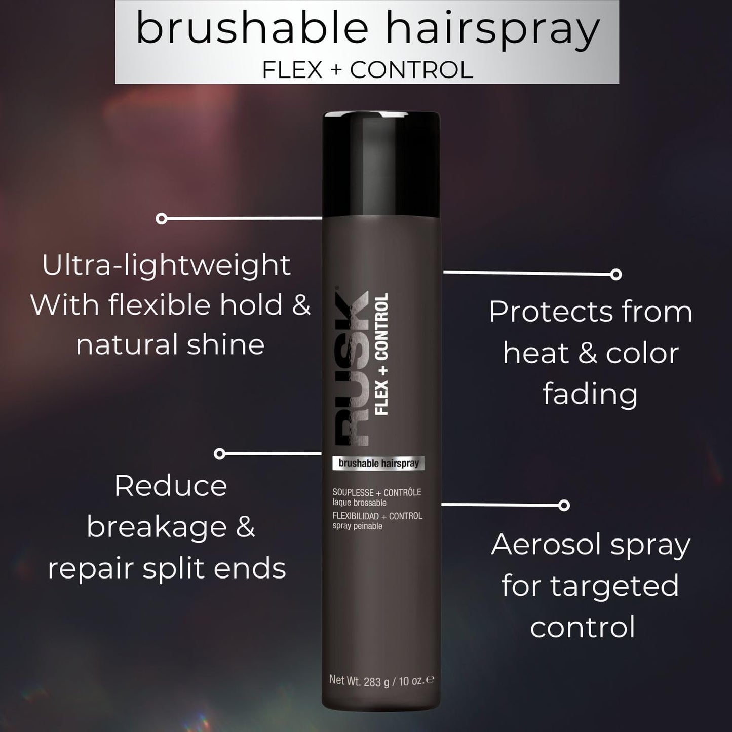 RUSK Brushable Hairspray, Flex + Control, Strong Yet Workable Hold, Protects Hair From Elements, 10 oz