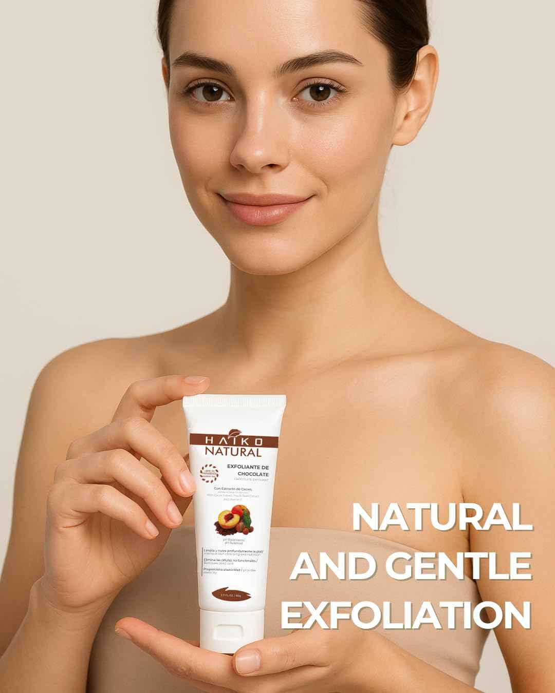 HAIKO NATURAL Chocolate Body Scrub with Cocoa Extract, Peach Seed Powder & Vitamin E. Exfoliates, Nourishes & Revitalizes Skin. Non-Greasy & Paraben-Free - 2.7 FL.OZ / 80g