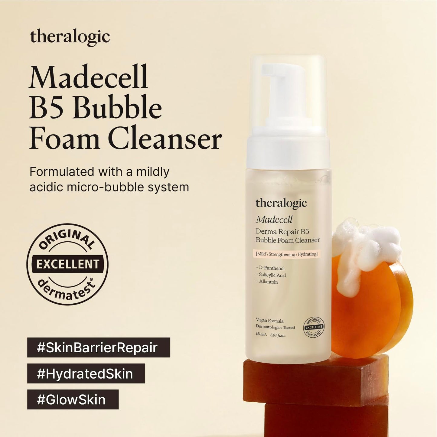 theralogic Madecell Derma Repair B5 Bubble Foam Cleanser - Panthenol & Salicylic Acid BHA - Korean Acne Calming Bubble Face Wash - Hypoallergenic, Vegan, Fragrance Free, 5.07 fl.oz.