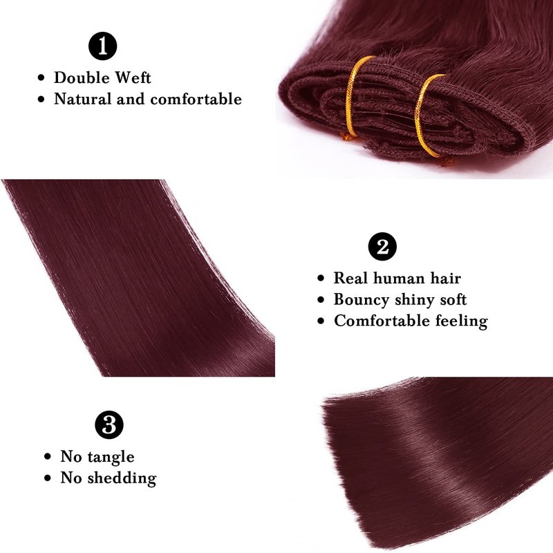 Burgundy Clip-In Hair Extensions | Real Human Hair 14-Inch Silky Straight 8 Pcs - Wine Red 99J, 60g