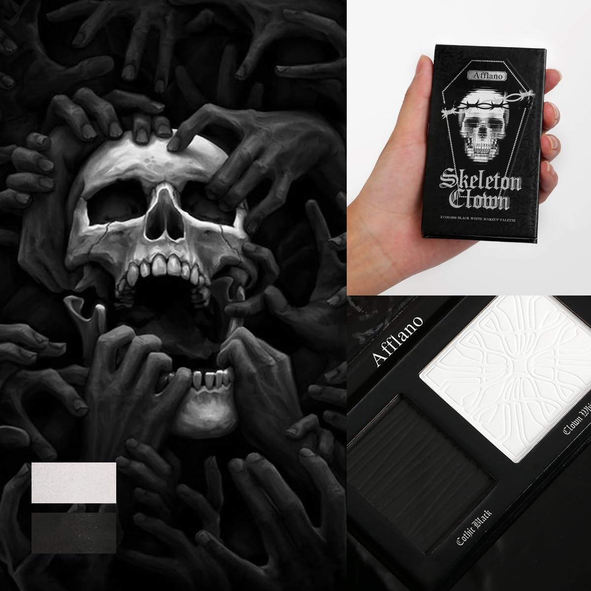 Goth Makeup Palette, Black White Duo Matte Pressed Powder Eyeshadow Palette for Smoky Gothic Makeup, High Pigmented Long Last Concealer Foundation Pallet for Halloween Skeleton Clown SFX Costume Joker