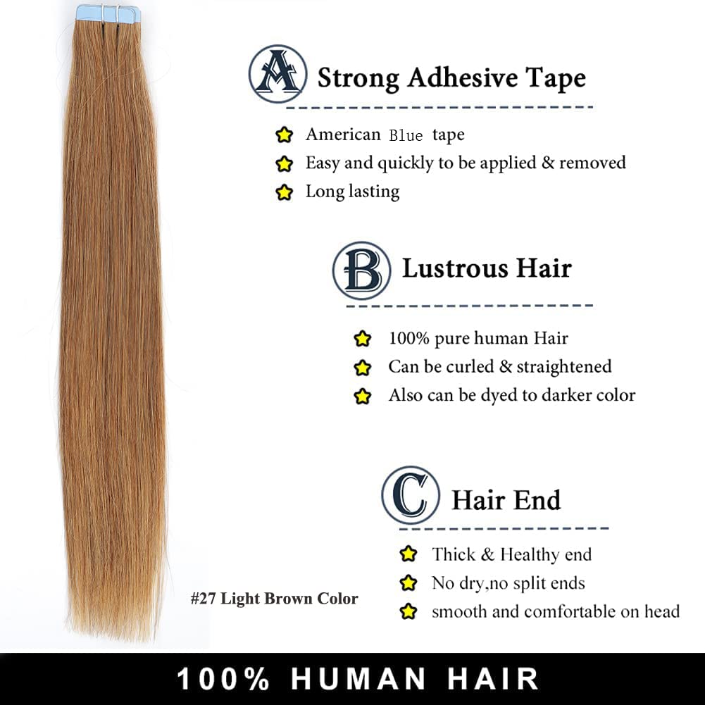 Amella Hair Tape in Hair Extensions #27 Light Brown 100% Remy Human Hair Extensions Silky Straight for Fashion Women 20 Pcs/Package(12 Inch #27 40g)
