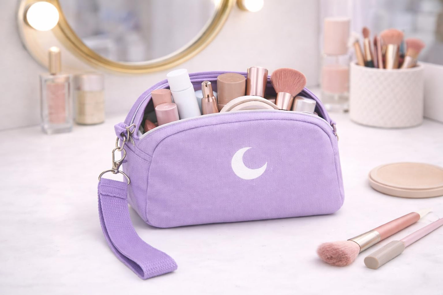 Brando Moon Small Zipper Makeup Bag for Women Girls – Travel Cosmetic Pouch, Wide-Open Organizer Purse Case, Air-Tight Odor-Control Fabric, Everyday Travel Essentials