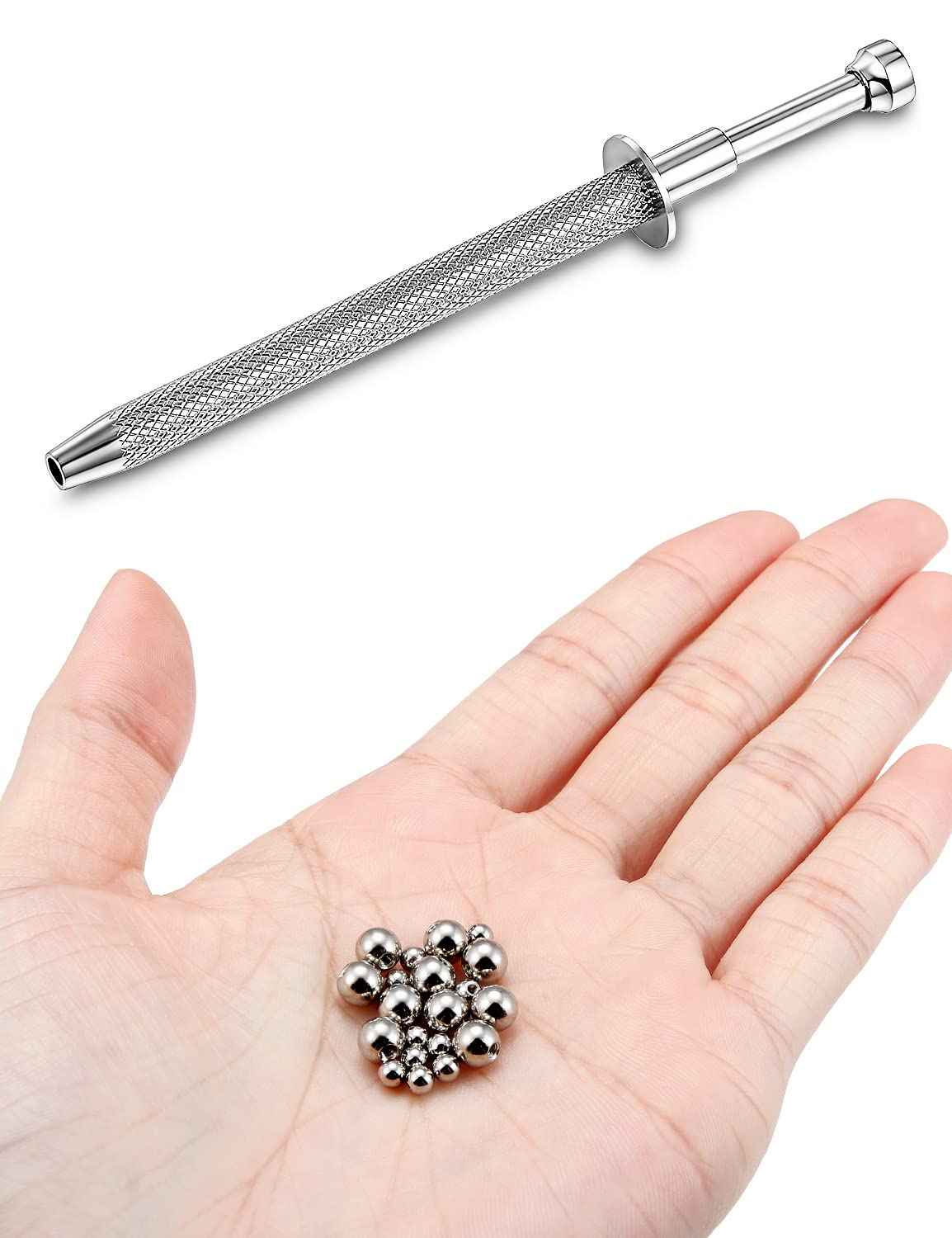 Vsnnsns 316L Surgical Steel Piercing Balls Grabber Tool Pick Up Tool with 4 Prongs Holder Professional Push in Syringe Type Quad Prong Small Bead Holder Grab Ball Catcher Body Piercing Tools