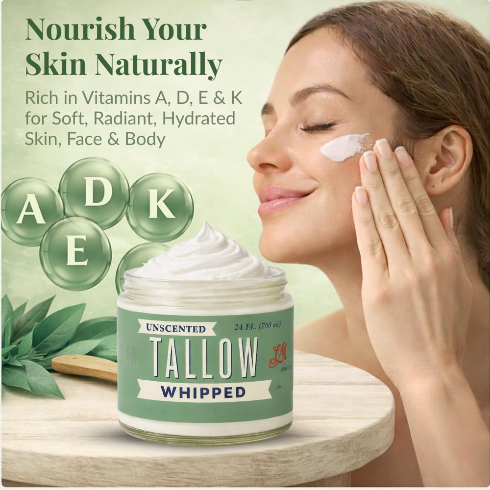 Whipped Tallow Face Cream | All-Natural Body Moisturizer for Dry Skin - 24oz, Unscented, USA Made