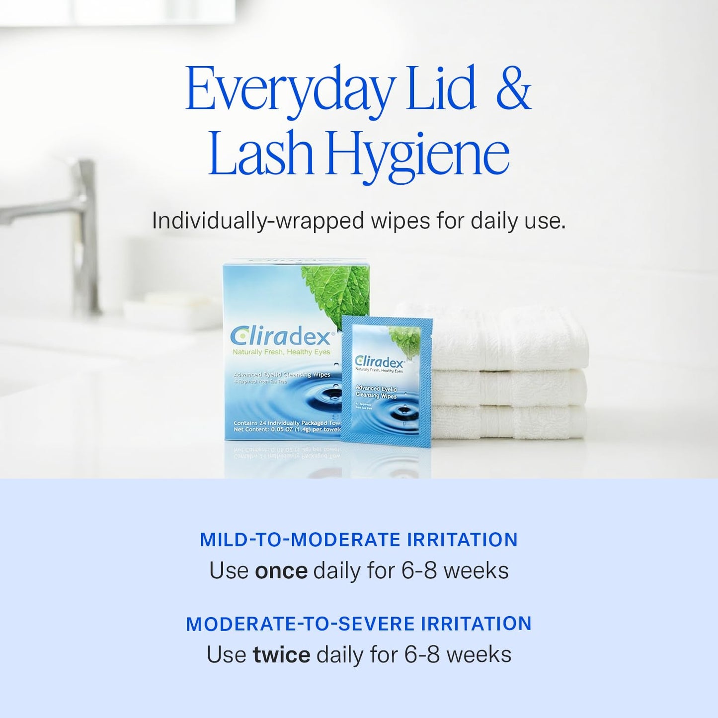Cliradex Towelettes - Natural Face, Eyelash & Eyelid Cleanser - Wipes for Demodex, Blepharitis, Mgd and Red Irritated Eye Lid - Tea Tree Oil Extract.