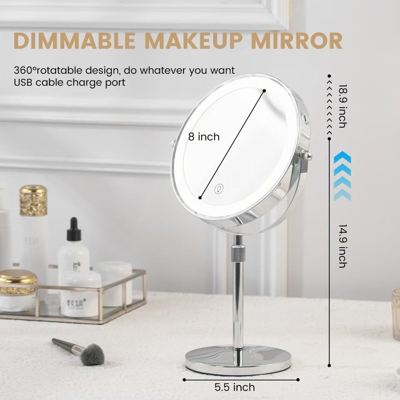 Lighted Makeup Mirror - 10x/1x Magnification, 3 Color Options | Rechargeable, 8-Inch Height Adjustable & 360° Rotatable