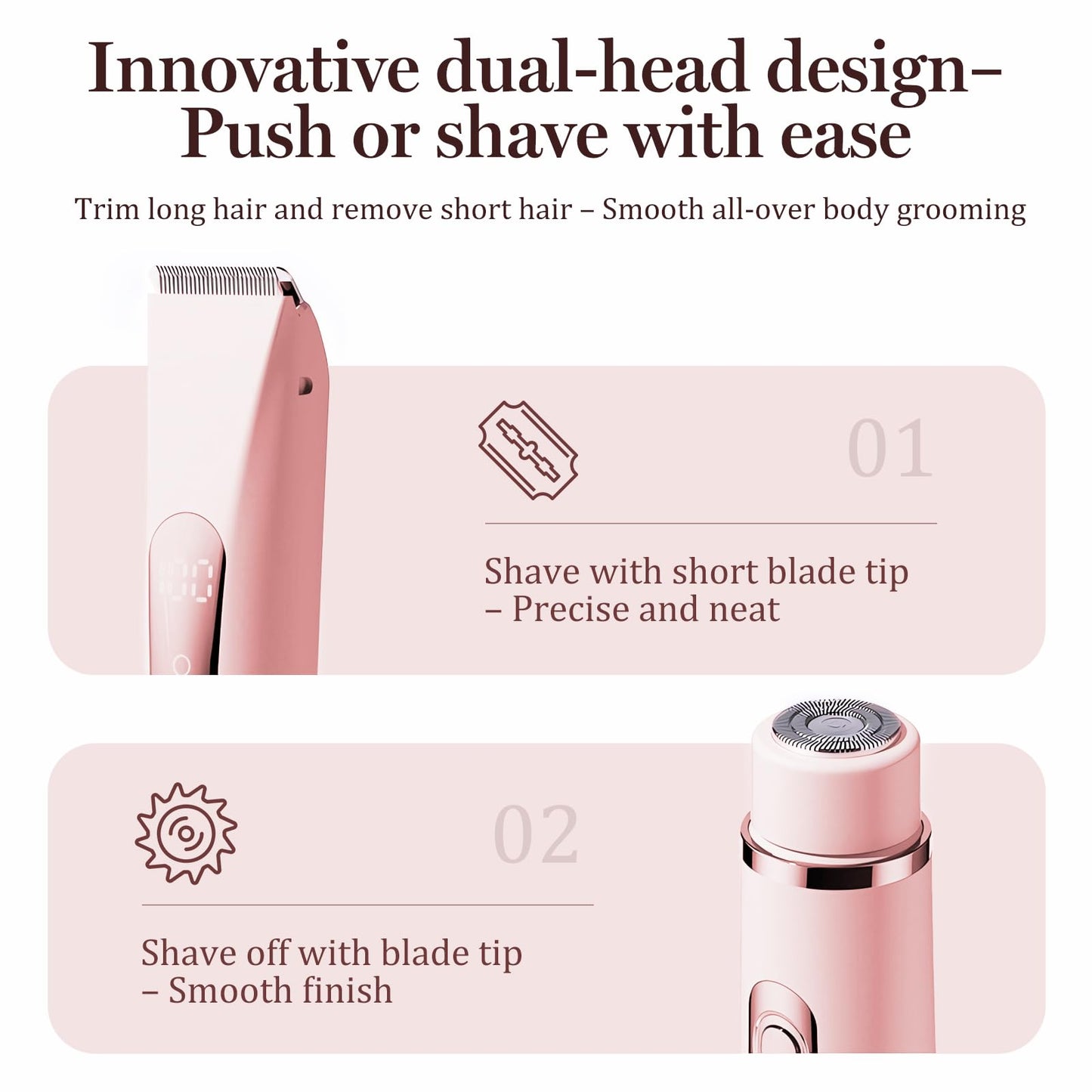 Bikini Trimmer for Women – Dual Head Electric Razor for Bikini, Underarm, Leg & Facial Hair, Painless Ceramic Blade, IPX7 Waterproof, Pink
