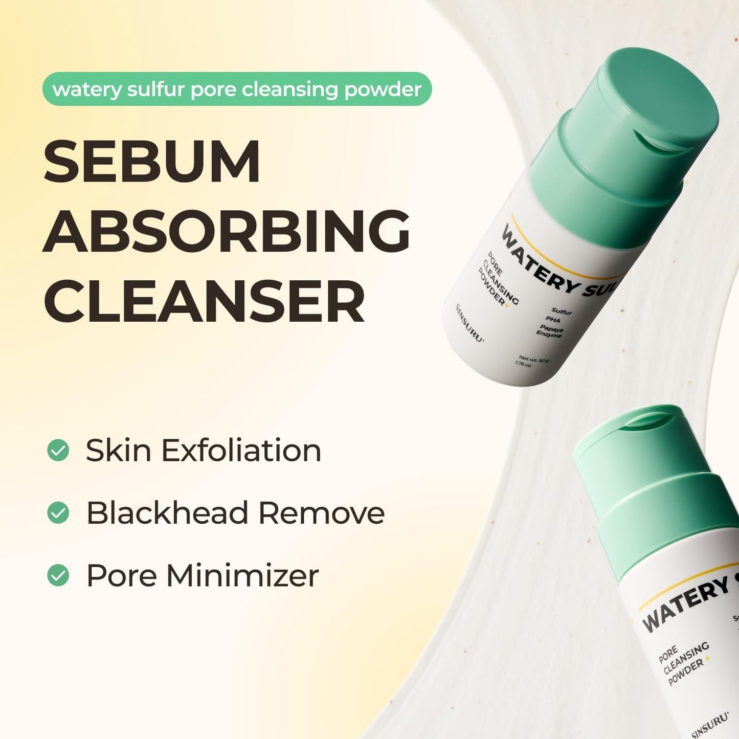 SINSURU Watery Sulfur Pore Cleansing Powder - Korean Sulfur Face Wash & Enzyme Face Wash with PHA | Deep Pore Cleansing & Oil Control for Oily, Sensitive Skin (1.76 oz / 50g)
