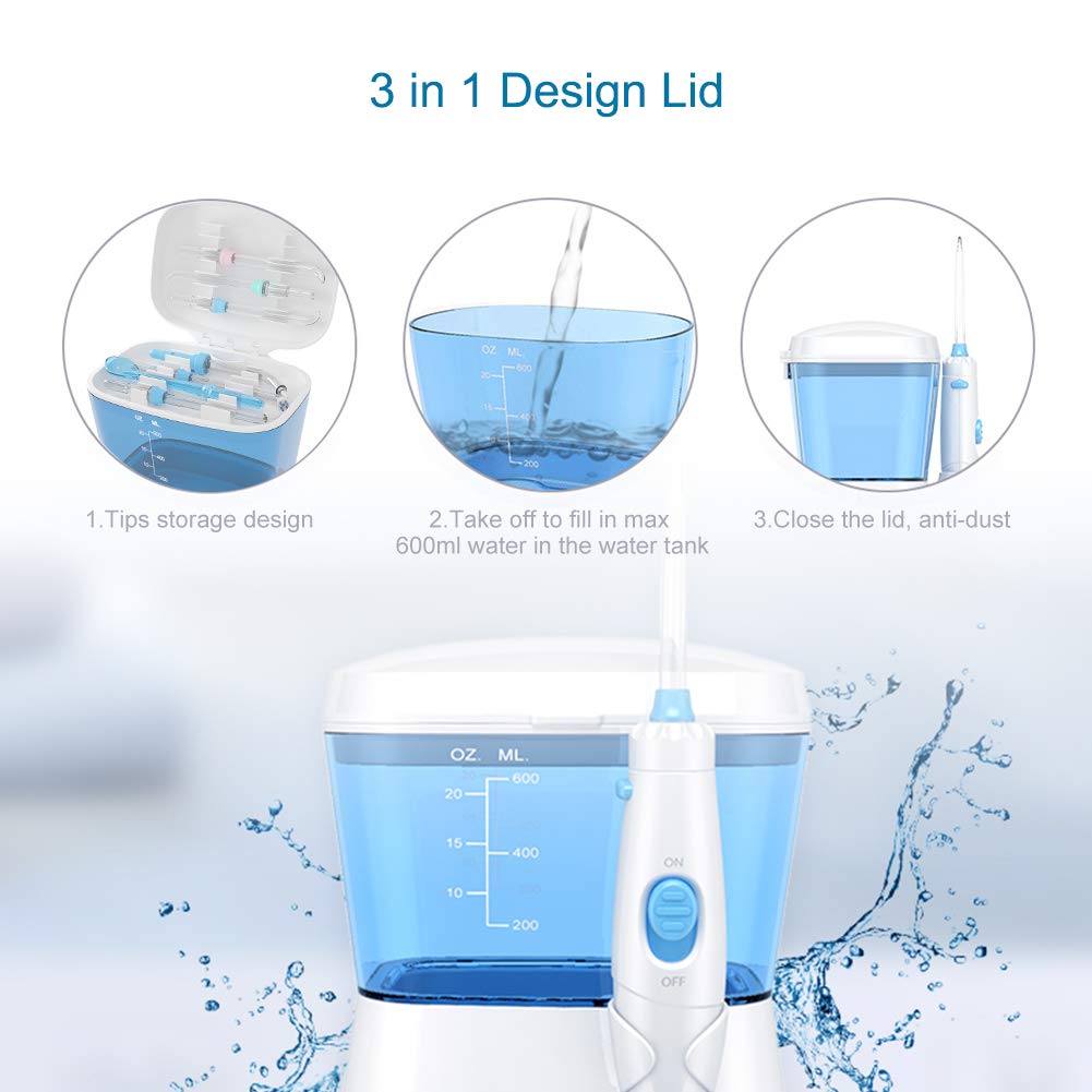 TUREWELL Water Flossing Oral Irrigator, 600ML Dental Cleaner 10 Adjustable Pressure, Electric Oral Flosser for Teeth/Braces, 8 Replacement Jet Tips for Family (White)
