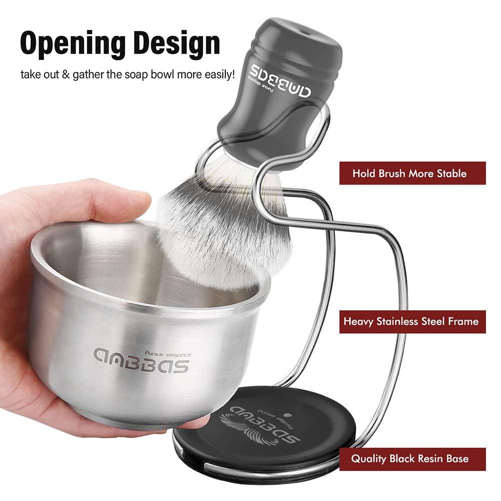 Anbbas Synthetic Badger Shaving Brush Set - 4-in-1 Kit with Stainless Steel Stand & Lathering Foam Bowl | Natural 3.5oz Shaving Soap Puck for Men