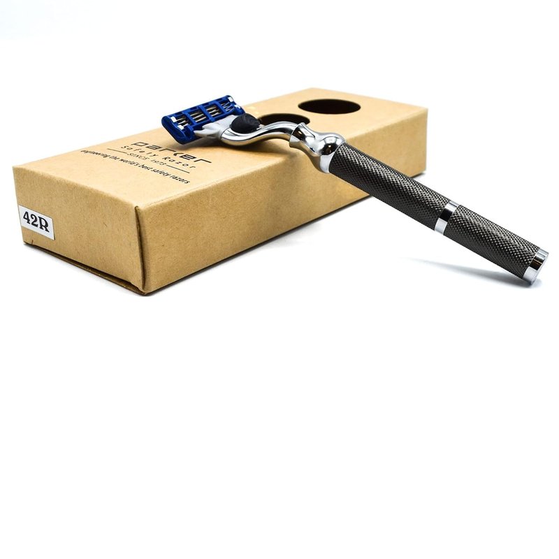 Parker 42M All-Metal Razor in Graphite Gray – Mach 3 Blade Compatible – Accepts All Gillette® Mach 3 Cartridge Refills – Deluxe Brass-Frame, Textured Grip Handle for Triple Blade Shaving