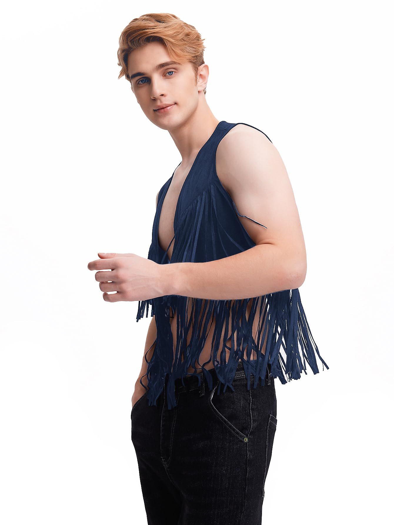 WDIRARA Men's Open Front Sleeveless Fringe Hem Party Club Jacket Vest Outerwear Navy Blue Solid S