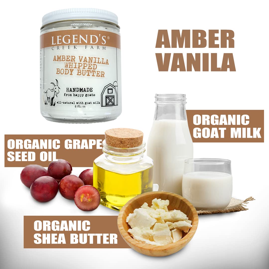 Goat Milk Body Butter - Hydrating Natural Moisturizer with Organic Shea Butter & Grape Seed Oil | 8 Oz Amber Vanilla