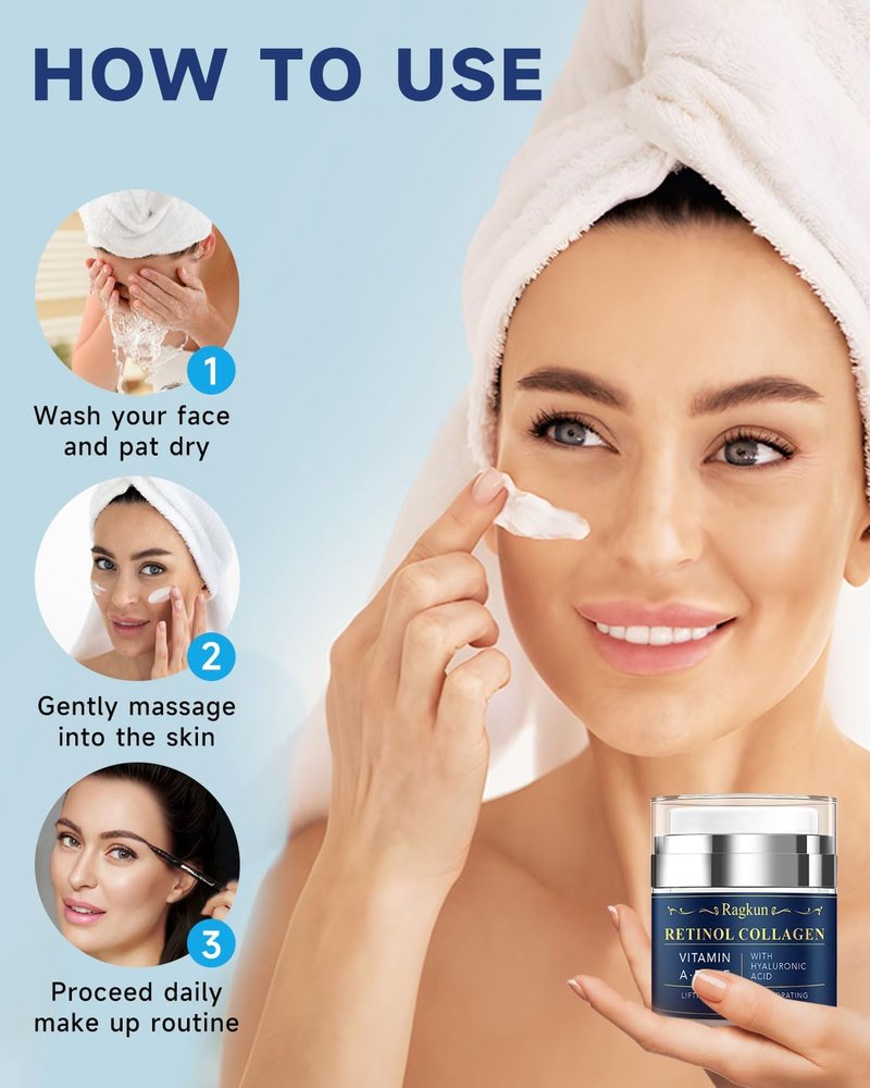 Retinol Cream for Face, Collagen Neck Creams for Tightening and Firming, Anti Aging Day & Night Facial Moisturizer for Women & Men, Instant Face Lift Wrinkle Cream 1.7 fl. oz with Glycolic Acid Pads