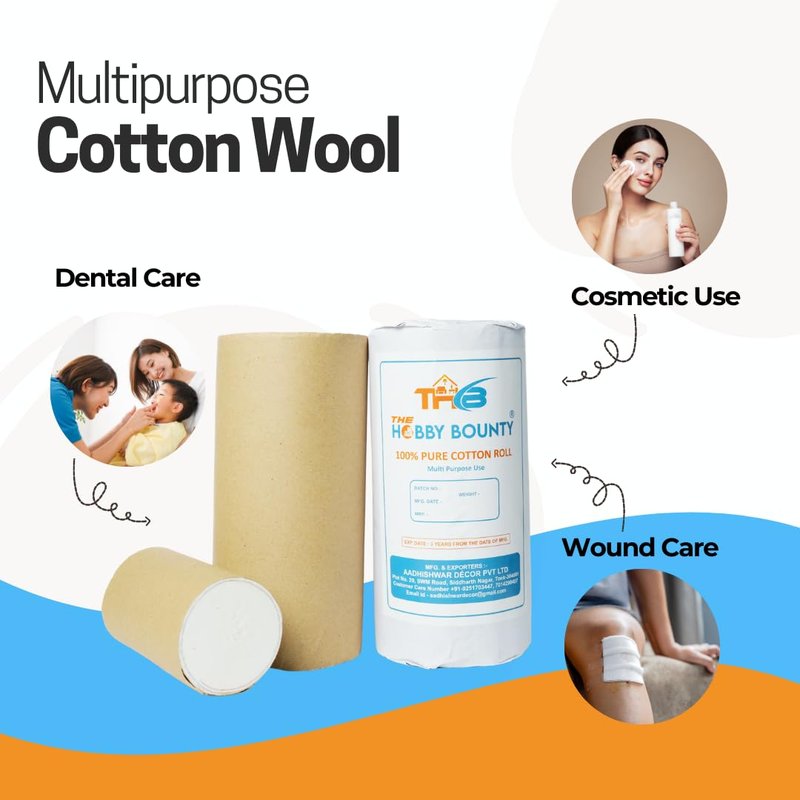 The Hobby Bounty Pure Cotton Roll Undercast Padding Roll Soft and Highly Absorbent, Makeup Remover in an Easy to Tear & Use Soft White Cotton Wool for Art Projects, Craft (500 Gram)