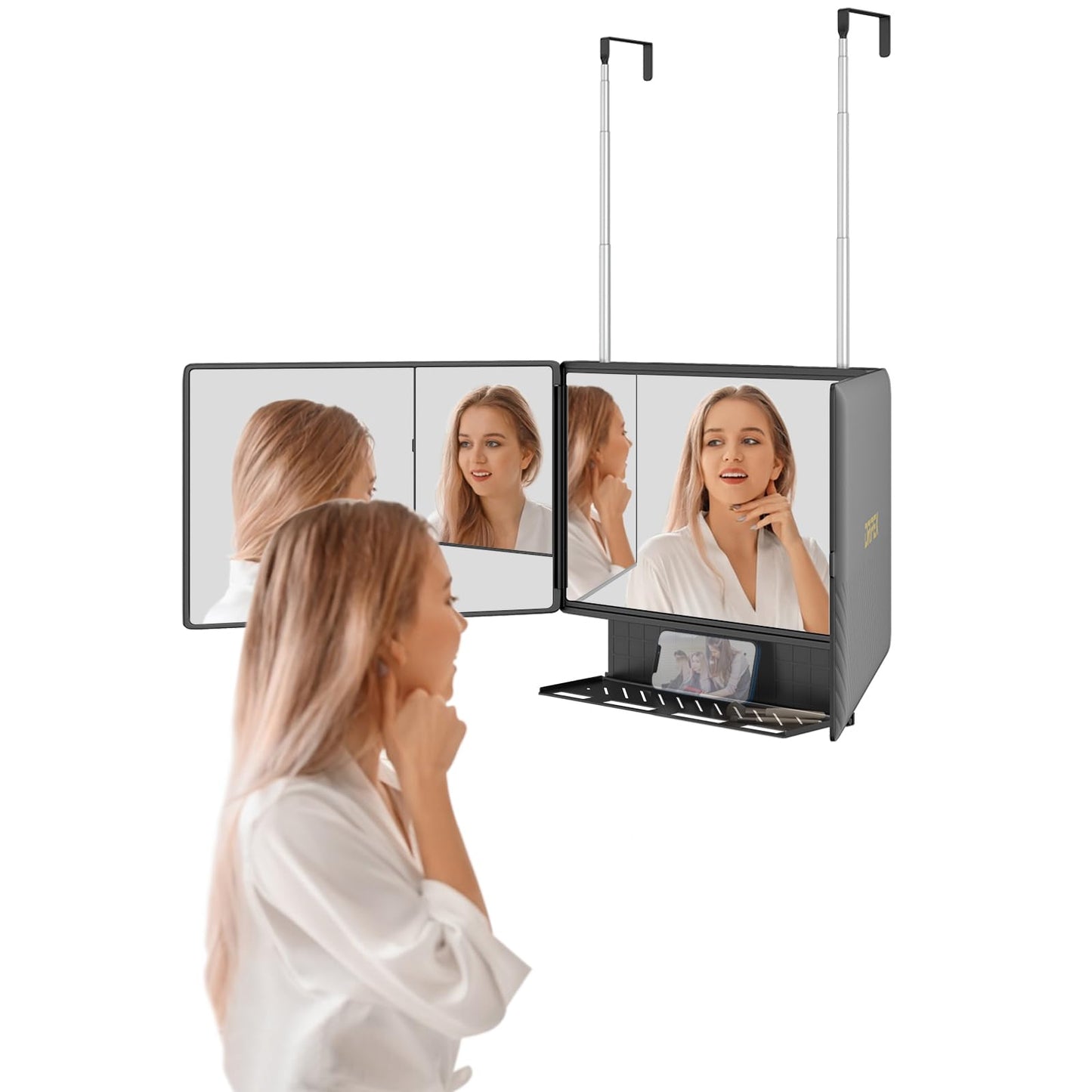 Dripex 3 Way Mirror with Storage Shelf, Trifold Self Haircut 360° Barber Mirror with Height Adjustable Hooks for Makeup, Styling, Shaving, Braiding, Dye Hair