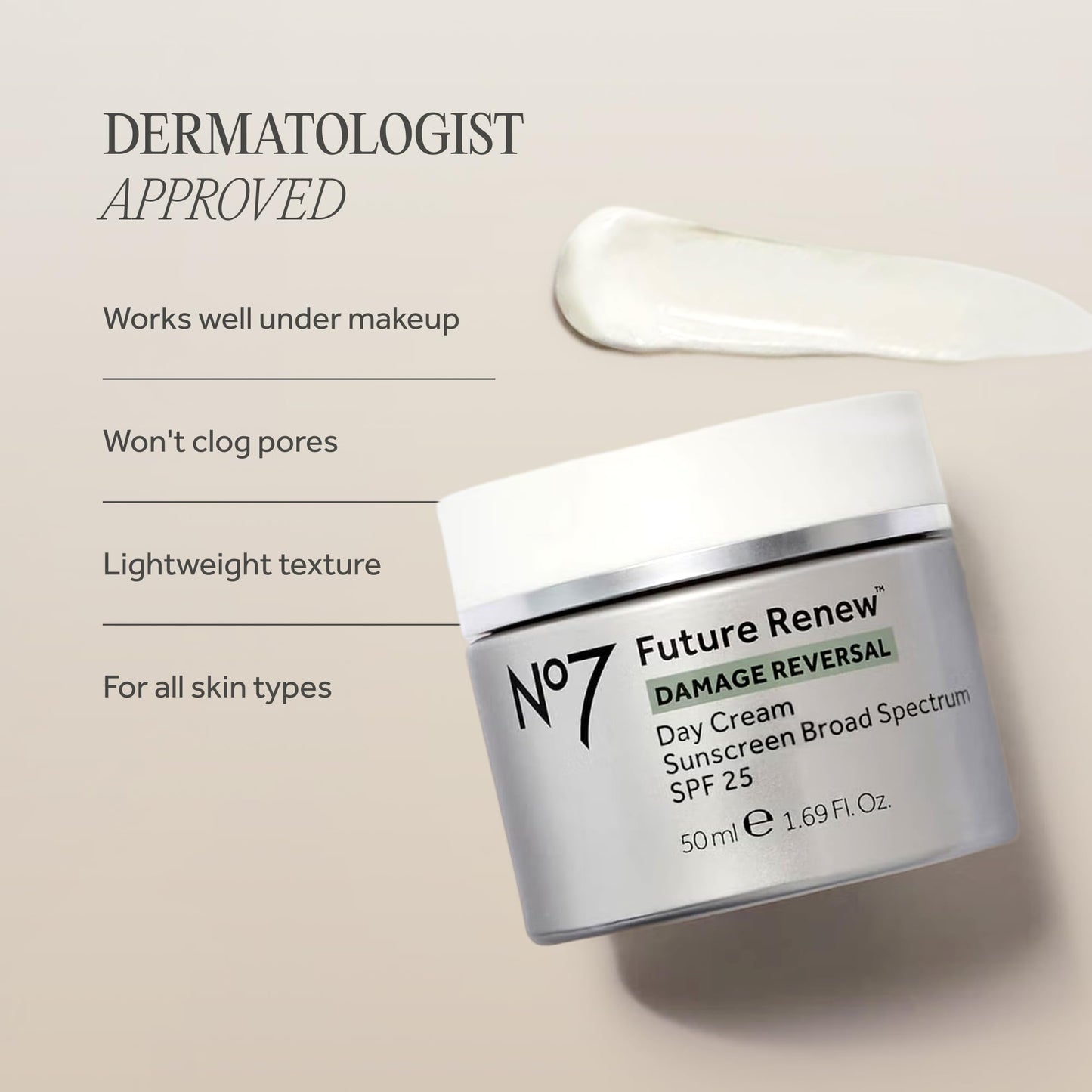No7 Future Renew Damage Reversal Face Cream with SPF 25 - Anti Aging Face Moisturizer with Skin Firming Benefits - Formulated with Peptide Technology to Protect, Repair & Intensely Hydrate (1.69 Oz)