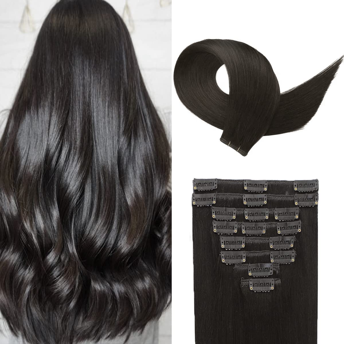 Clip in Hair Extensions Real Human Hair 18 Inch Narural Black Real Hair Extensions Clip in Human Hair Straight 8Pcs Invisible Seamless Human Hair for Women 70g (18Inch 70g)