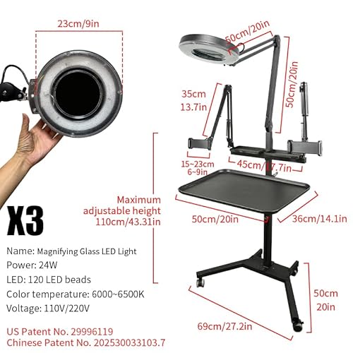 Tattoo Workstation Multi-Function Console, Tattoo lamp, Double Stand with lamp Tattoo Tray Trolley, Adjustable Height Magnetic Tray