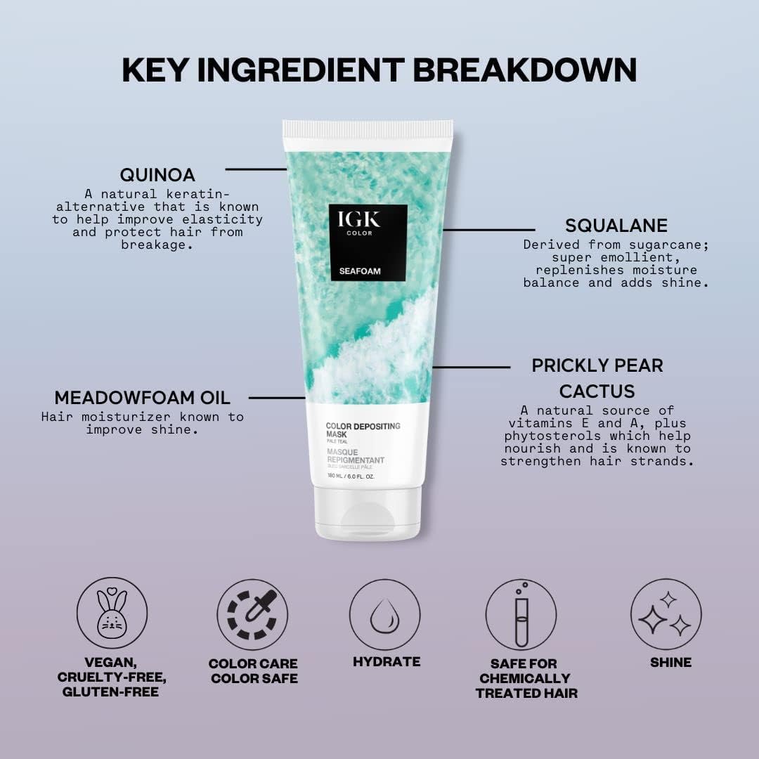 IGK Seafoam | Pale Teal Hair Gloss + Color Depositing Mask | Boost Shine, Enhance Teal Tones, Refresh Color | Semi Permanent Conditioning Treatment | Vegan | 6 oz