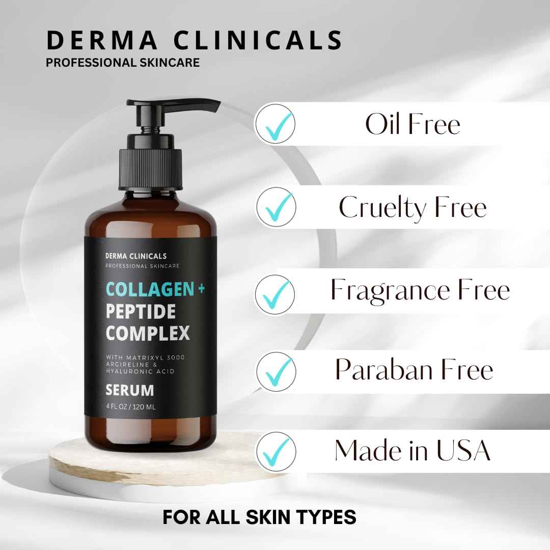 DERMA CLINICALS Collagen Peptide Serum with Matrixyl 3000 + Argireline, Hyaluronic Acid Serum, Anti-Aging Collagen Face Serum, Firming and Plumping, Anti-Wrinkle Serum for face - 4oz