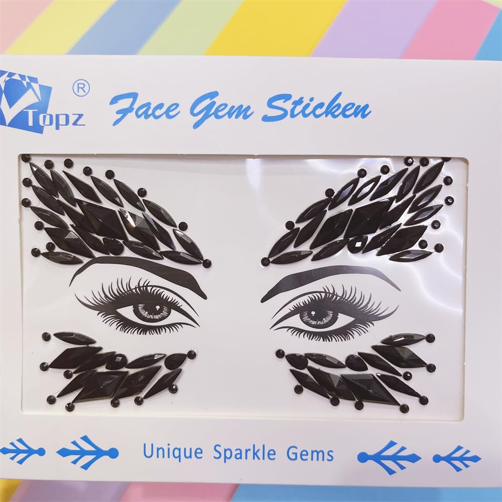 black body jewels carnival face gems tattoo body glitter adhesive rhinestones for face body jewels halloween sticker for rave festival party (Jet black/SR57)