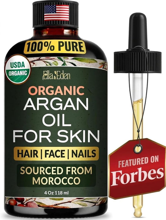 Ella & Eden Organic Argan Oil Of Morocco - 100% Pure Cold-Pressed USDA Certified Unrefined Moroccan Argan Oil for Hair, Face & Skin – 4 Fl Oz Glass Bottle
