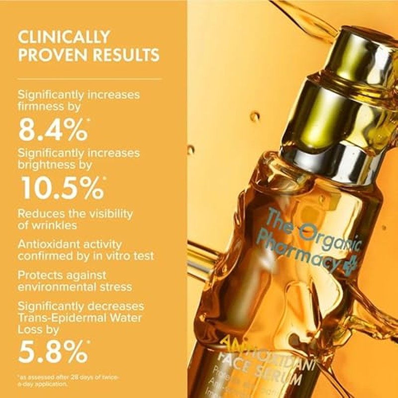 The Organic Pharmacy Antioxidant Face Firming Serum for All Skin Types, Antioxidants Reducing Puffiness, Fine Lines and Wrinkles, Brightens Acne Scars, 1.18 Ounce