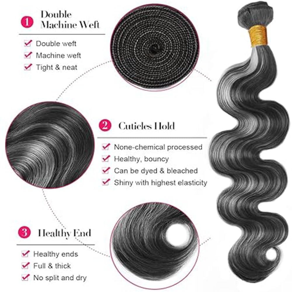 Bafamiya Highlight Grey Human Hair Bundles Body Wave 12 14 16 Inch P1B/Grey Bundles Human Hair 3 Bundle 300g Total Unprocessed Brazilian Virgin Hair for Black Women