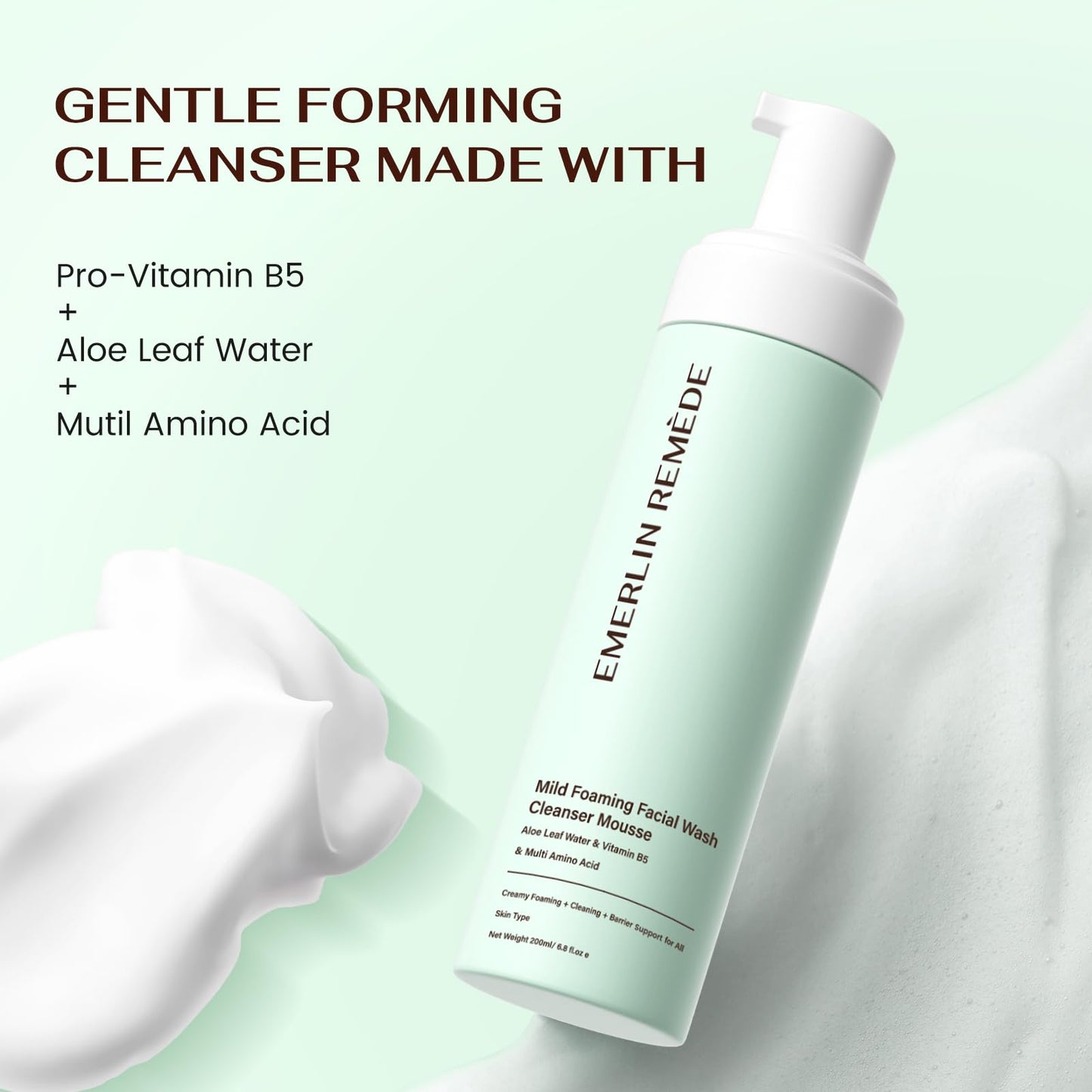 Emerlin Remède Mild Foaming Facial Wash Cleanser Mousse with Aloe Leaf Water, Amino Acids & Vitamin B5, Gentle Hydrating Face Wash for All Skin Types, 200ml