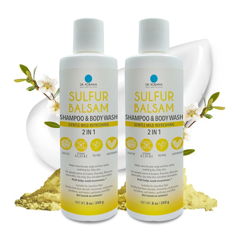 Dr. Robaina Sulfur Shampoo & Body Wash – Helps Soothe Dandruff, Seborrheic Dermatitis, Folliculitis & Itchy Scalp – Color-Safe, SLS-Free, Citrus-Mint Scent, 8 fl oz - Made in the USA