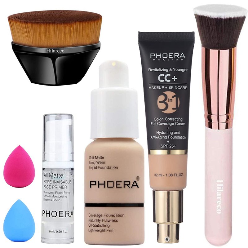 PHOERA CC+ Cream Color Correcting Anti Aging Hydrating Serum & SPF 25+, PHOERA Primer, Makeup, Kabuki Makeup Brushes Foundation Brush (102 Nude + 120 Nude CC Cream)