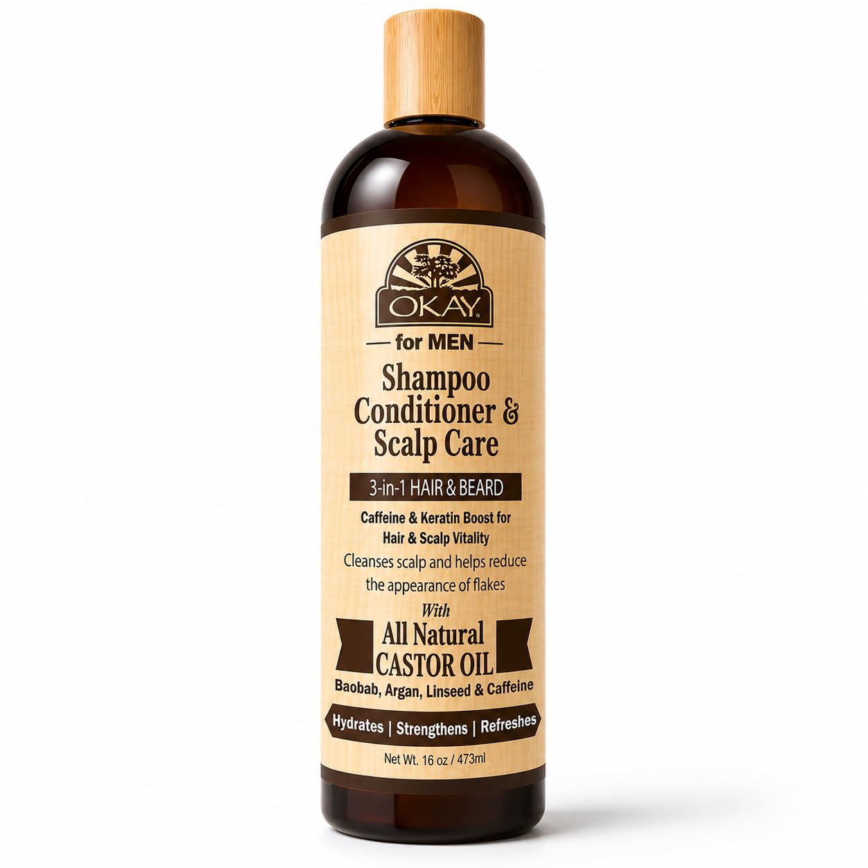 OKAY-MEN 3 in 1 Shampoo and Conditioner - Castor Oil Shampoo and Conditioner, Beard Wash, Clarifying Treatment for Dry Damaged Hair, Dandruff, Curly Hair - 16 Fl Oz (Pack of 2)