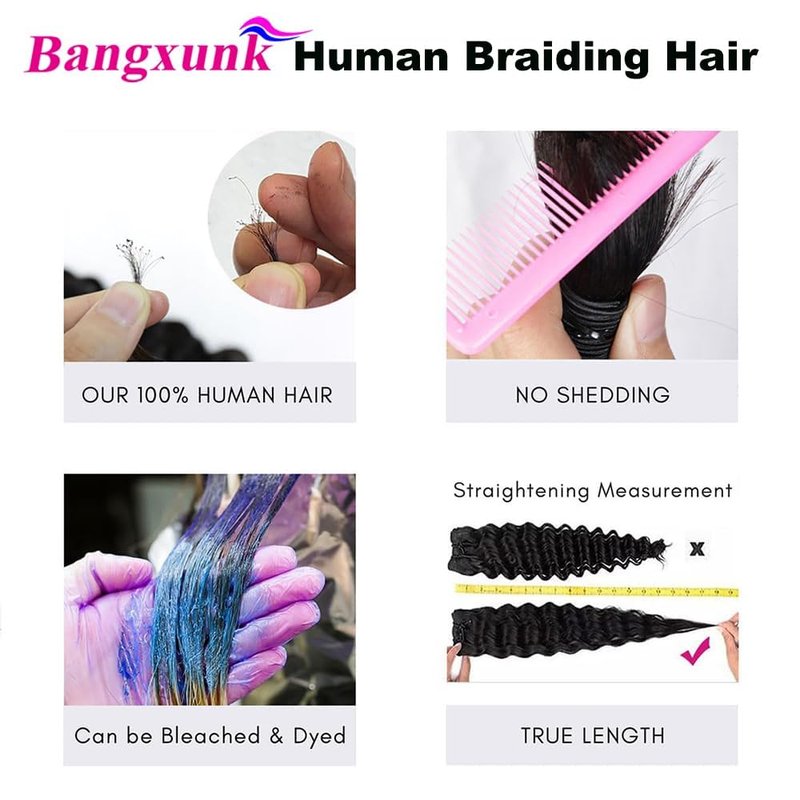 Bangxunk Human Braiding Hair 2 Bundles/Pack 100g Deep Wave Human Bulk Hair for Braiding No Weft 10A Brazilian Virgin Human braiding Hair for Boho Braids Extensions (Natural Color, 16 inch)