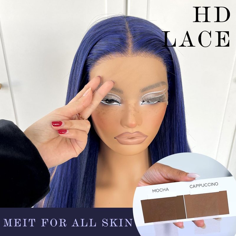 Blue Straight HD Lace Front Wig - Pre-Plucked Glueless Synthetic Hair for Women | Perfect for Cosplay & Fashion