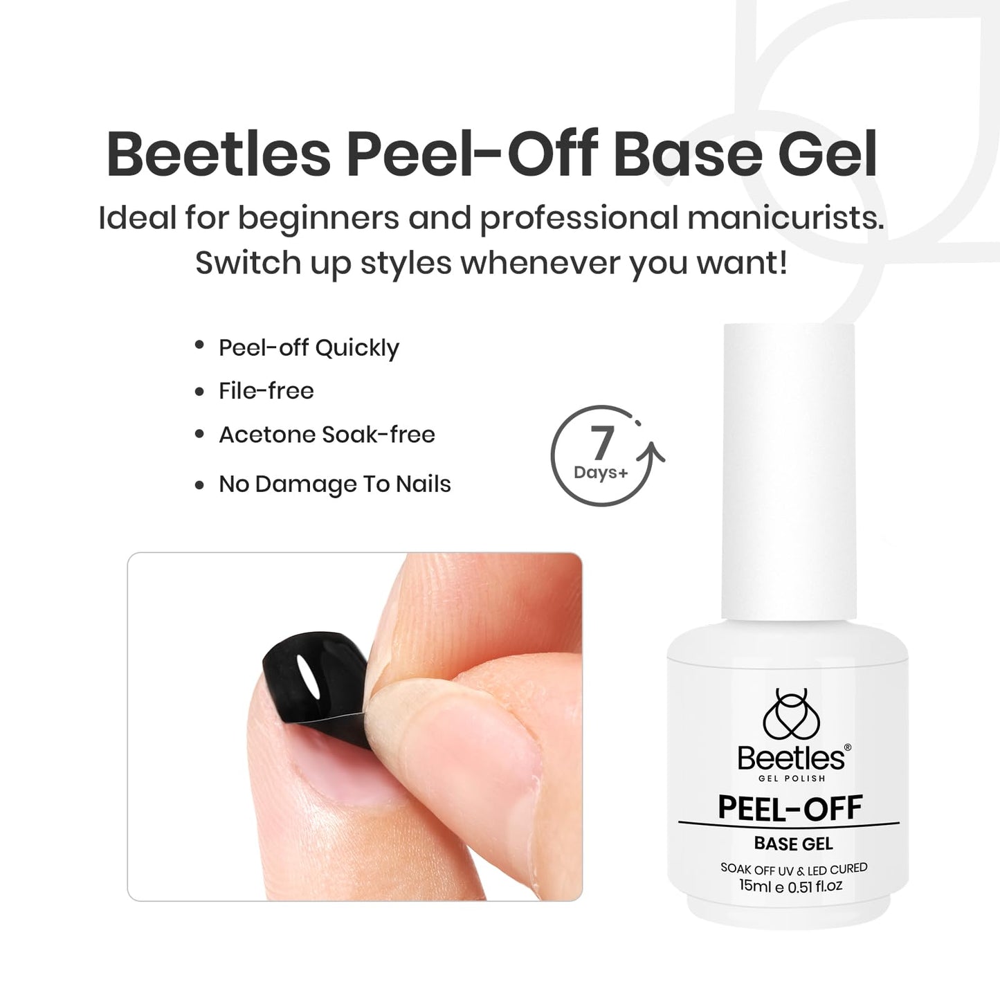 Beetles 2Pcs 15ml Peel Off Base Coat and Top Coat Set, Easy Removal Gel Nail Polish, UV LED Lamp Cured Base, Without Damage for Beginners Weak Thin Nails