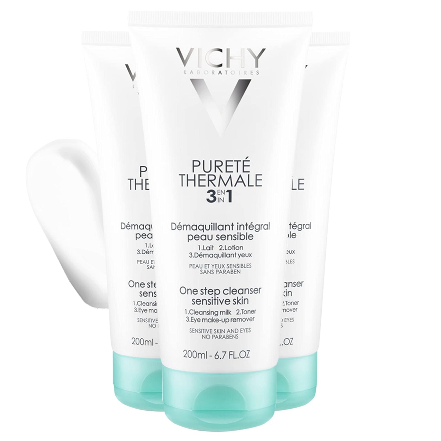 Vichy Pureté Thermale 3-in-1 One Step Facial Cleanser, Gentle Cleansing Milk, Toner, and Makeup Remover, Pack of 3