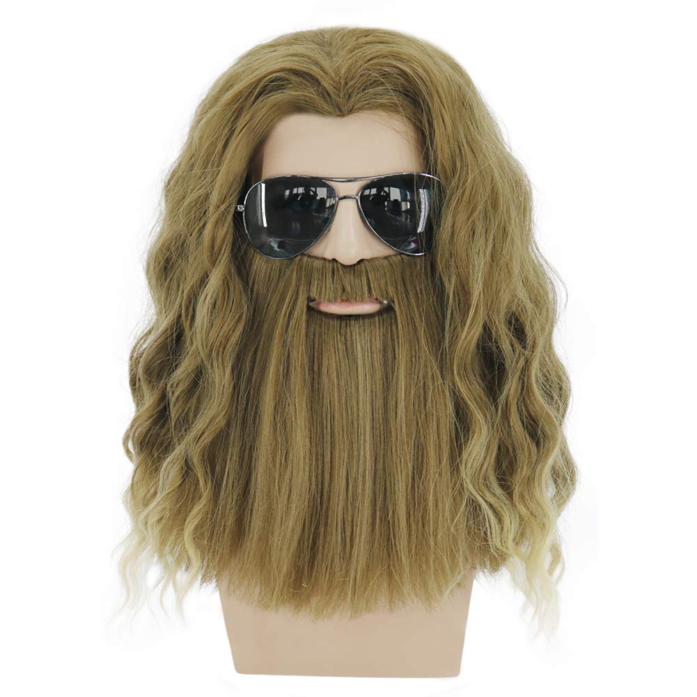 MAGQOO Golden Brown Wig with Beard Mustaches Men's Long Curly Wig Golden Brown Hair Wigs Halloween Cosplay Costume Party Wigs