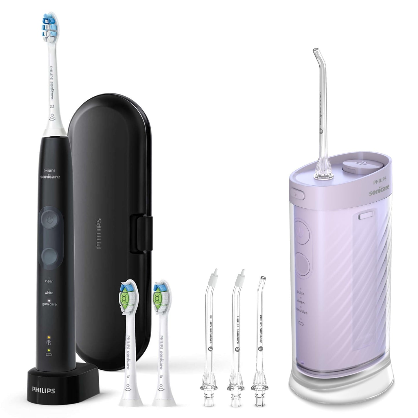 Philips Sonicare Compact Flosser 1000, Purple, ProtectiveClean 5300 Rechargeable Electric Toothbrush and 2PK Compact Nozzle Bundle, BD2001AZ