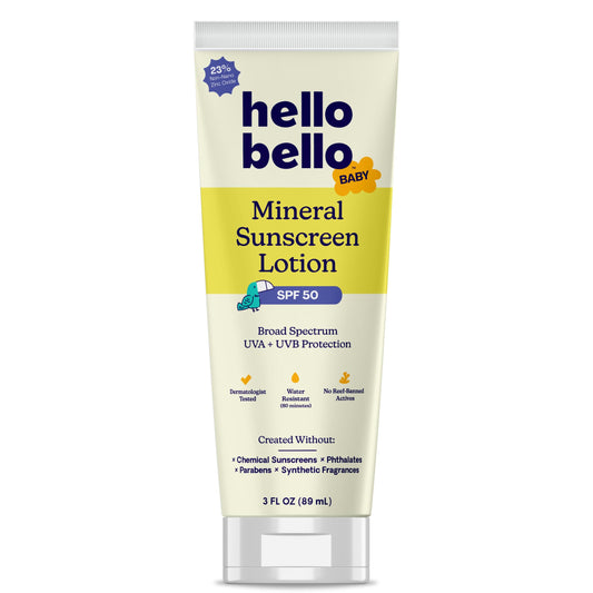 Hello Bello Baby Mineral SPF 50 Sunscreen Lotion with Broad Spectrum UVA + UVB Protection, Water Resistant and Reef Friendly Sun Protection for Babies and Kids, 3 fl oz (Pack of 1)